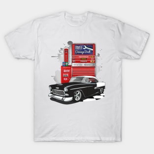 1955 Black and White Chevy Bel Air Garage Built Print T-Shirt